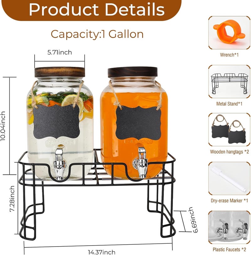 Waymind 1 Gallon Glass Drink Dispensers with Wood Lid, 2 Pack Clear Beverage Dispenser with Stand and Spigot for Parties, Lemonade Dispenser with Markers and Chalkboard for BBQ, Picnic - Image 2